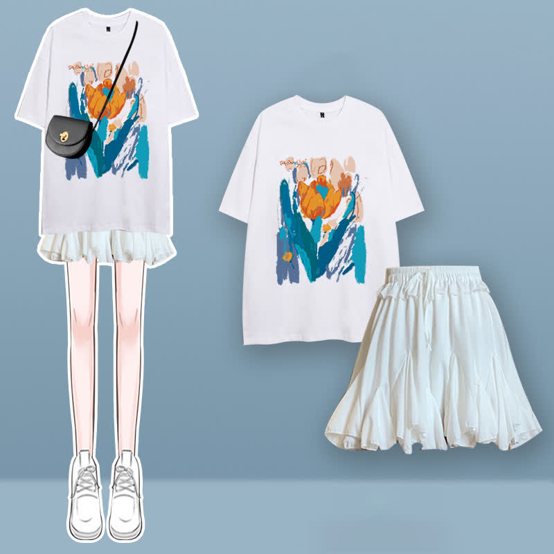 T-Shirt-Set mit Faltenrock und Tulpen-Kirschblüten-Print