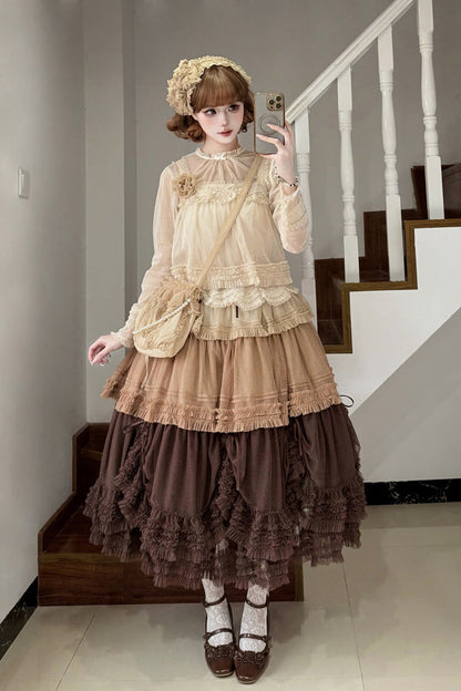 Sweet Stand Collar Long Sleeve Multi Layer Ruffle Color Block Lolita Tiered Dress 14 Colors