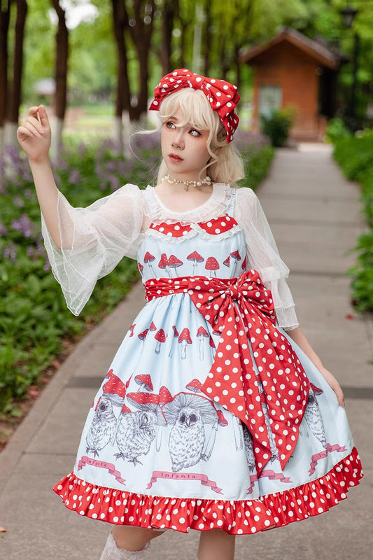Mushroom-Print Bow-Adorned Ruffled Sweet Lolita Dress in Two Colors