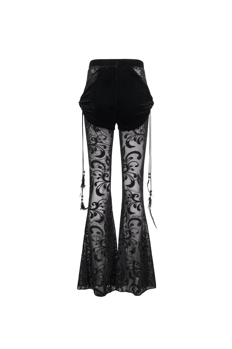Gothic Women's Long Flared Trousers with Faux Two-Piece Feather Pendant and Mesh Side Panels