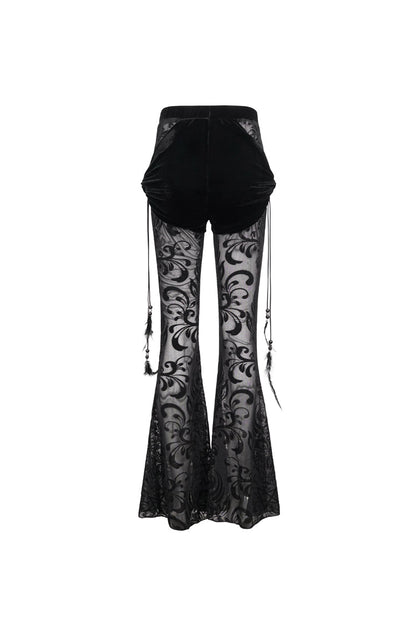 Gothic Women's Long Flared Trousers with Faux Two-Piece Feather Pendant and Mesh Side Panels