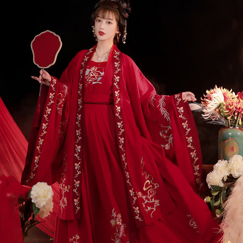 Ensemble Hanfu avec débardeur et jupe à manches longues et broderie de phénix rouge