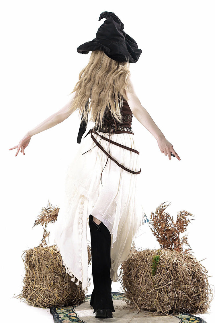 Brown White Dune Shadow Seeker Sleeveless Ruffle Embroidered Irregular Vintage Lolita Skirt Set
