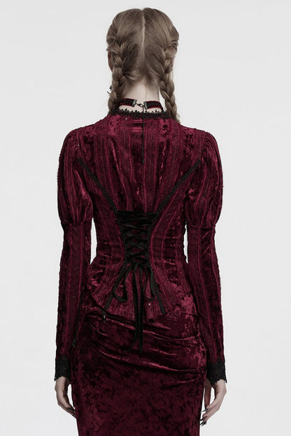 Crimson V-Neck Long Puff Sleeve Goth Blouse