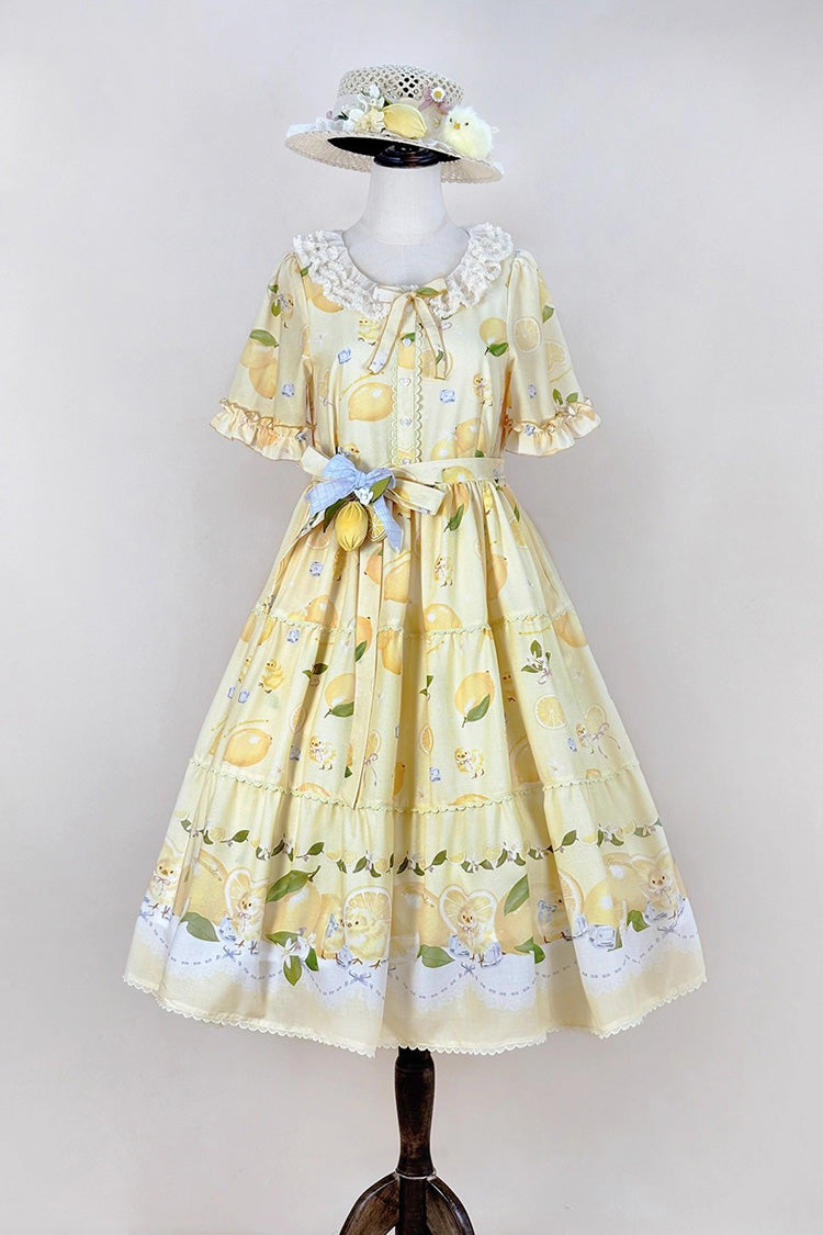 Lemon Chicken Short Sleeve Print Ruffle Bow Lace Daily Sweet Lolita Gown in Yellow