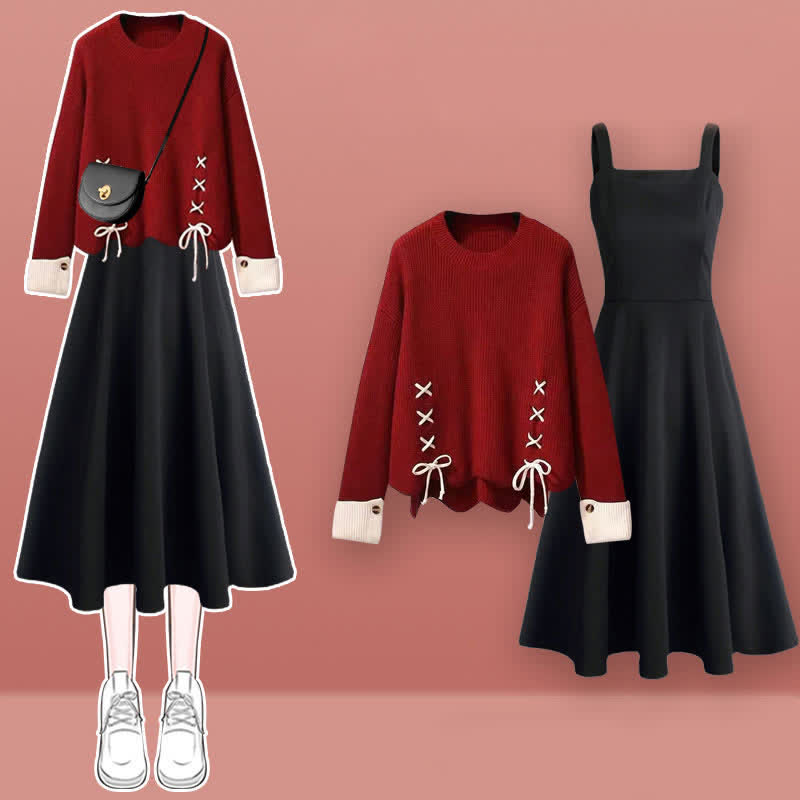 Ensemble pull-robe à lacets en tricot avec nœud rouge