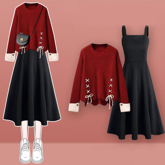 Rotes Unterkleid-Set mit Strickpullover und Schleife und Schnürung