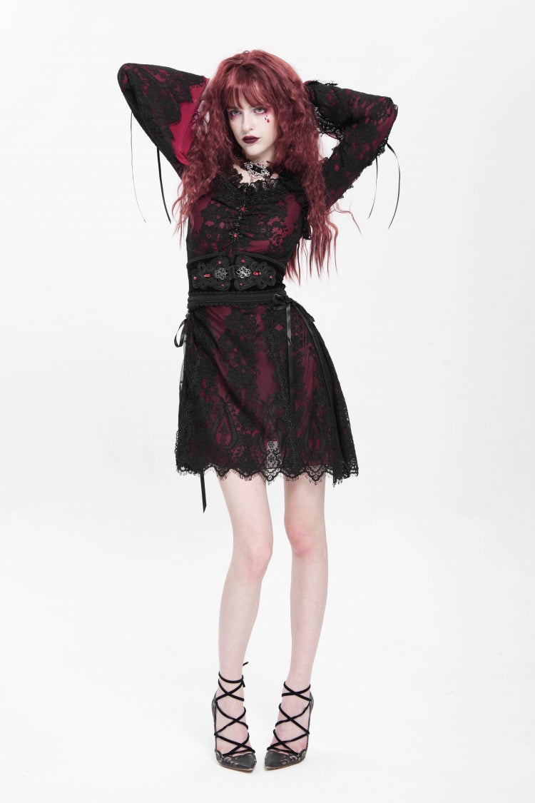 Square Collar Long Sleeve Floral Lace Lace-Up Gothic Dress