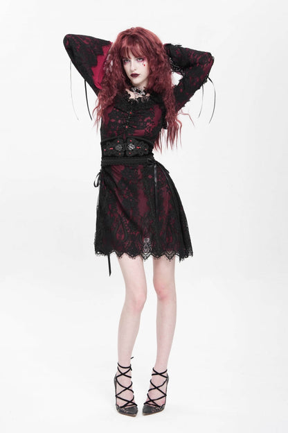 Square Collar Long Sleeve Floral Lace Lace-Up Gothic Dress