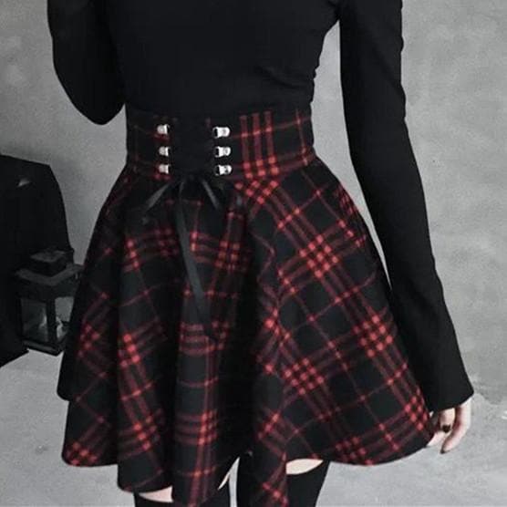 SpreePicky Gothic High Waist Laced Plaid Skirt SP14143