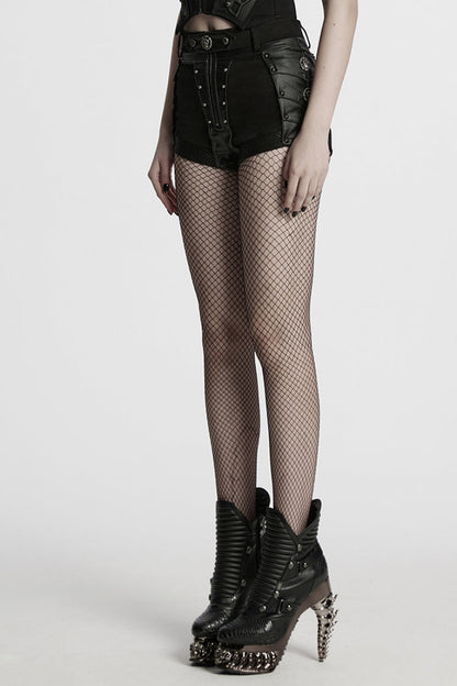 Faux Leather Punk Shorts with Mesh and Stud Embellishments