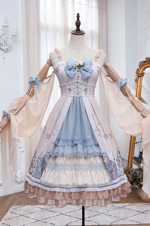 Cardigan with Elves Print and Multilayer Ruffled Jumper Dress