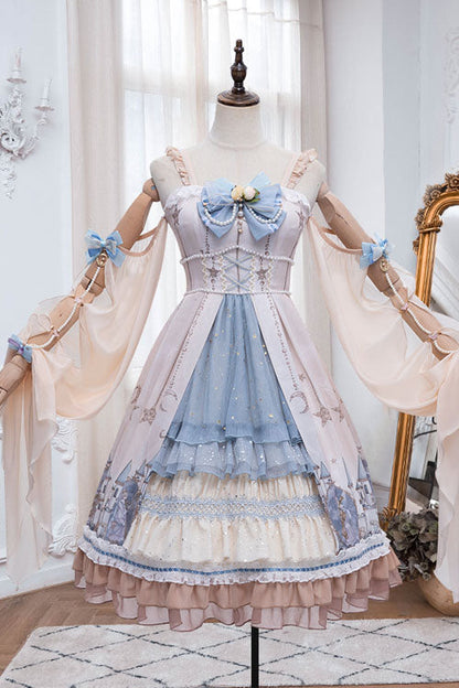 Cardigan with Elves Print and Multilayer Ruffled Jumper Dress