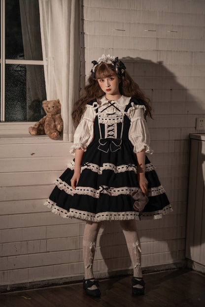 Black Antique Dolls Sweet Lolita Triple-Layered Bowknot JSK Dress