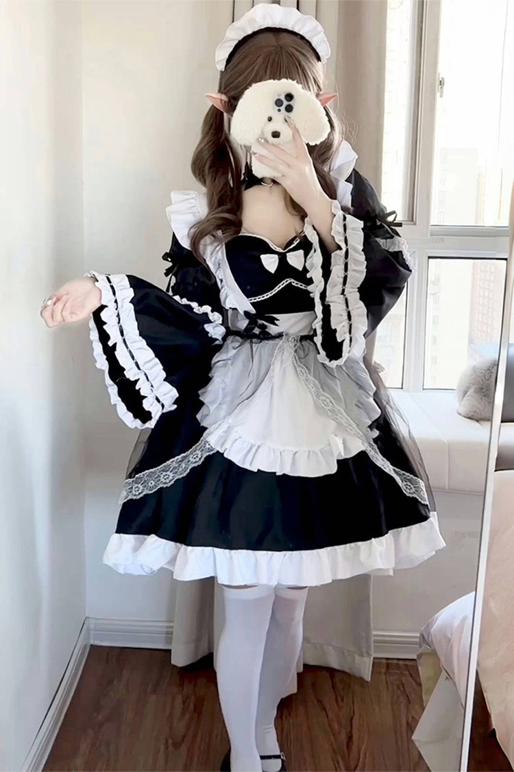 Black White Maid Long Hime Sleeve Ruffle Bow Sweet Plus Size Lolita Dress Full Set