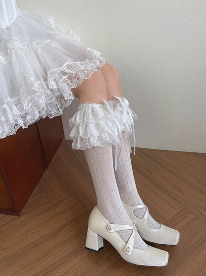 White/Black Bowknot Heart Print Lace Ruffle Trims Underknee Stockings