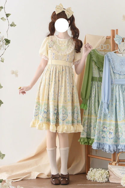 Lily of the Valley Cat Print Ruffle Embroidered Bowknot Sweet Lolita Dress in Beige