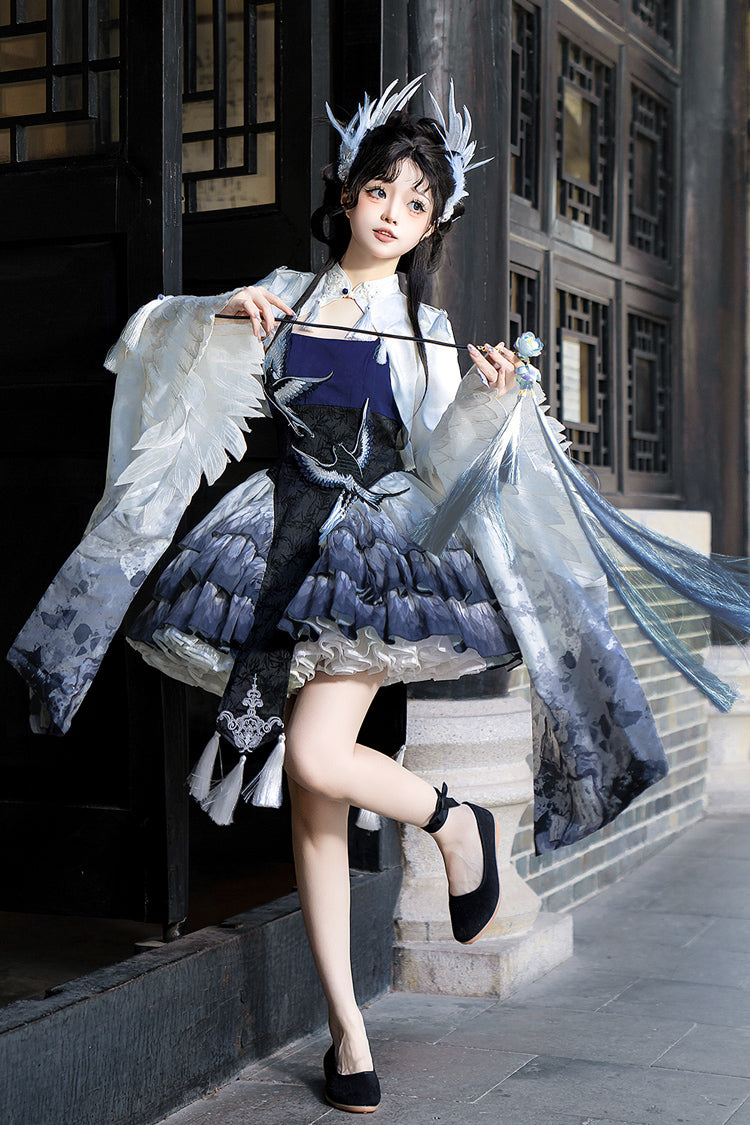 Dark Blue Feathered Finch Multi-Layer Print Ruffle Classic Chinese Style JSK Dress Set