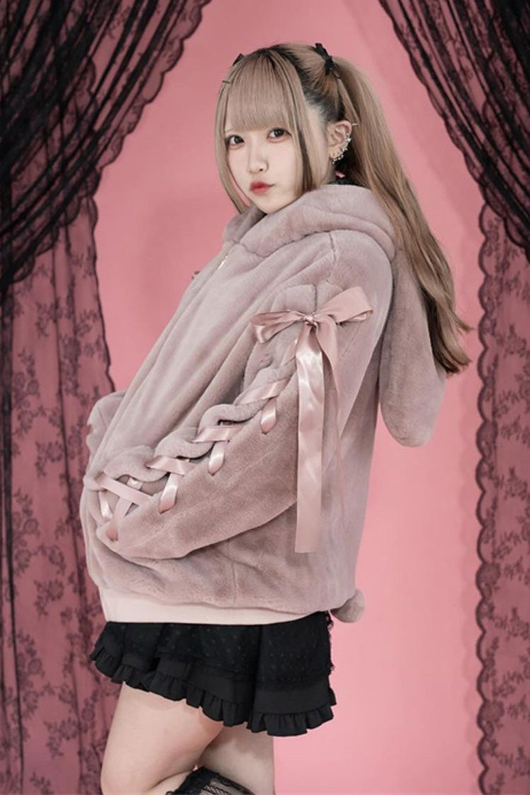 Pink Rabbit Ear Bow Lace-Up Hooded Coat