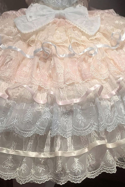 Rainbow Feathers Ballad Sleeveless Multi-Layered Ruffle Hanayome Bow Sweet Lolita Jsk Dress