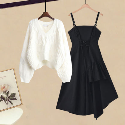 Cable Set Sweater Slip Irregular Up Knit Dress Lace