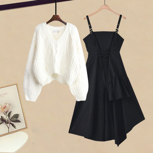Cable Set Sweater Slip Irregular Up Knit Dress Lace