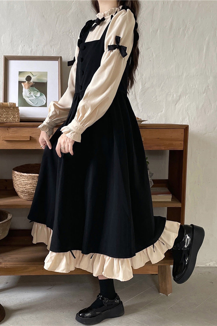 Black/Apricot Sweet Lolita Japanese Puff-Sleeved Ruffle Bowknot Dress