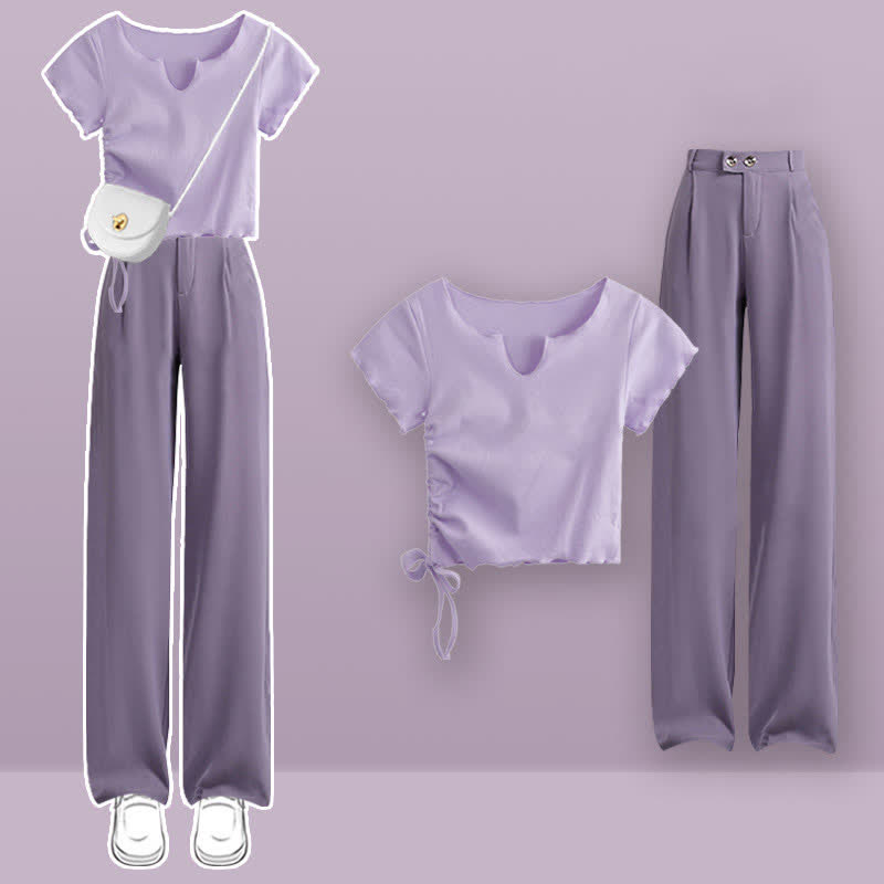 Purple Drawstring T-Shirt High Waist Casual Suit Pants