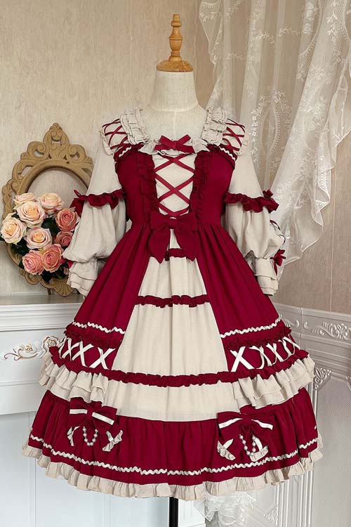 Sweet Lolita OP Dress with Square Neck and Ruffled Long Sleeves