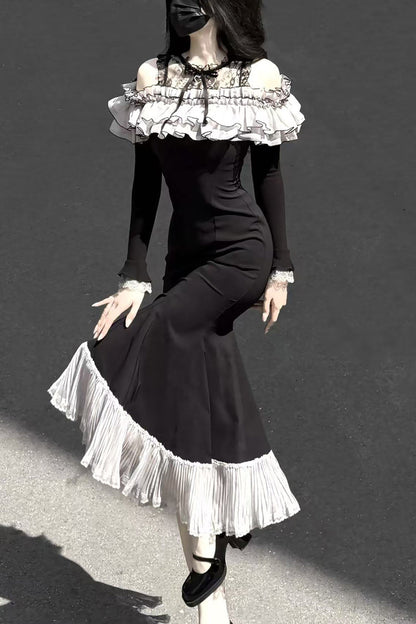 Ruffled Bowknot Fishtail Sweet Elegant Long-Sleeve Dress