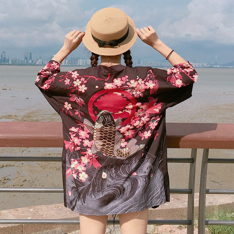 Black Fish Floral Kimono Outerwear Sun Protective