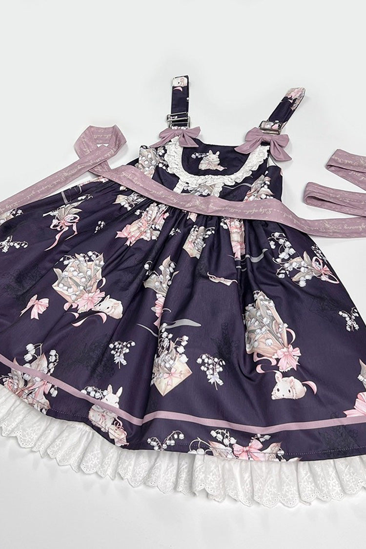 Rose Sleeveless Print Ruffle Bow Daily Sweet Lolita Strap Gown - Lily of the Valley Rabbit