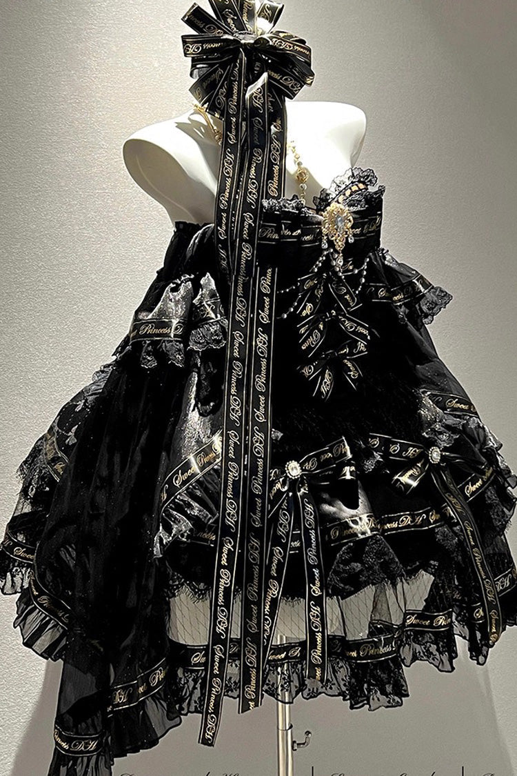 Sleeveless Gothic Princess Dress with Double Ruffled Bow and Pearls - Golden Obsidian Night