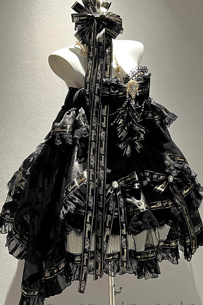 Sleeveless Gothic Princess Dress with Double Ruffled Bow and Pearls - Golden Obsidian Night