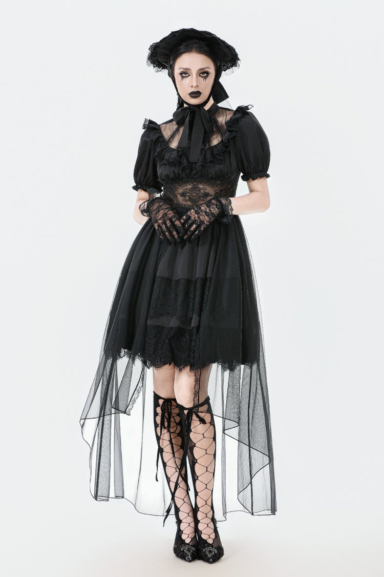 Inky Puff Sleeve High-Low Multi-Tiered Chiffon Gown - Gothic Wedding