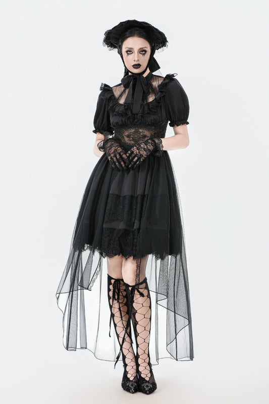 Inky Puff Sleeve High-Low Multi-Tiered Chiffon Gown - Gothic Wedding