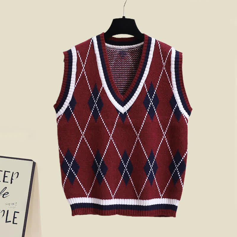 Dress Tie Print Vest Rhombus Lapel Set Pleated Shirt