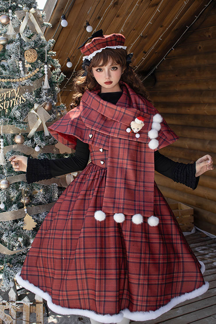Crimson Striped Tartan Print Autumn Winter Fishbone Sweet Corset Lolita Dress