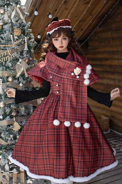 Crimson Striped Tartan Print Autumn Winter Fishbone Sweet Corset Lolita Dress
