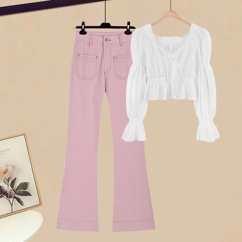 Set Sleeve Denim Puff Shirt Flared Pink Pants