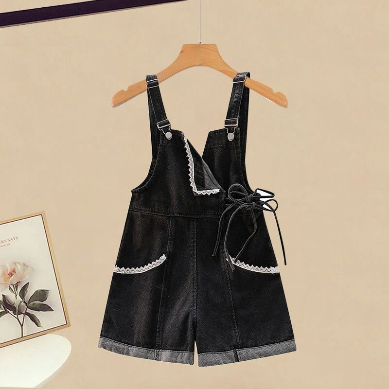 Set Flounce Tie Pieces Shirt Lace-up Overalls Two