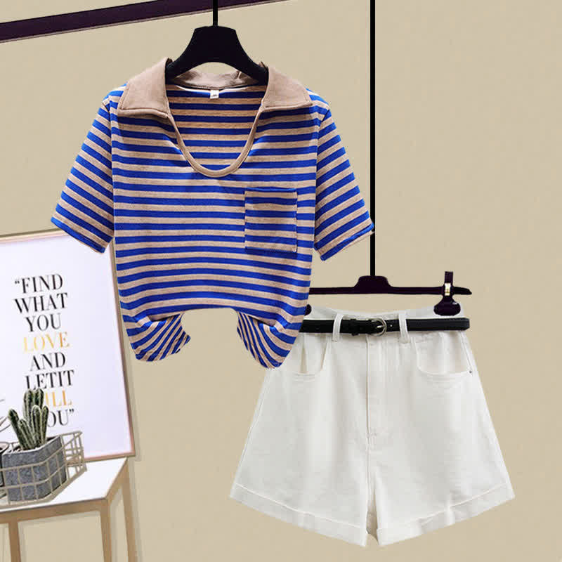 T-Shirt Stripe Denim Pocket Shorts Top Crop