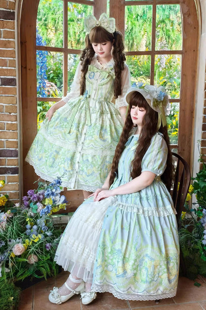 Blue Green Lily of the Valley Perfume Pearl Candy Tea Doll Collar Short Sleeve Print Lace Plus Sweet Lolita OP