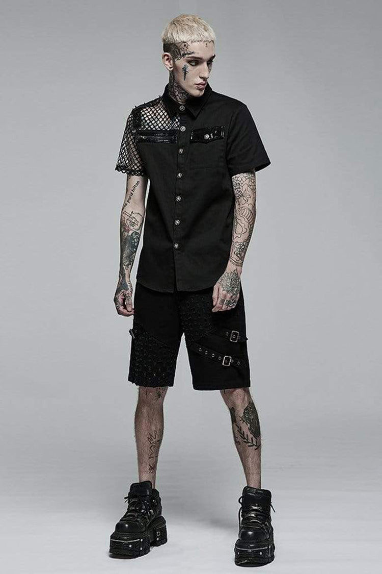 Mens Cotton Shirt with Mesh Panels and Asymmetric Cut
