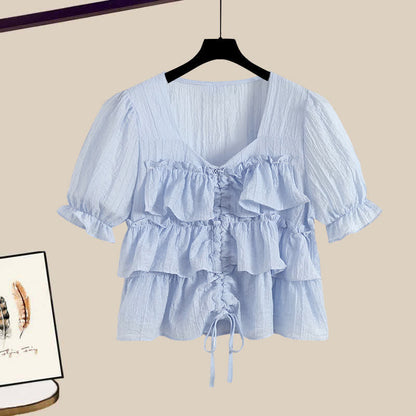 Split Pantskirt Sqaure Puff T-Shirt Collar