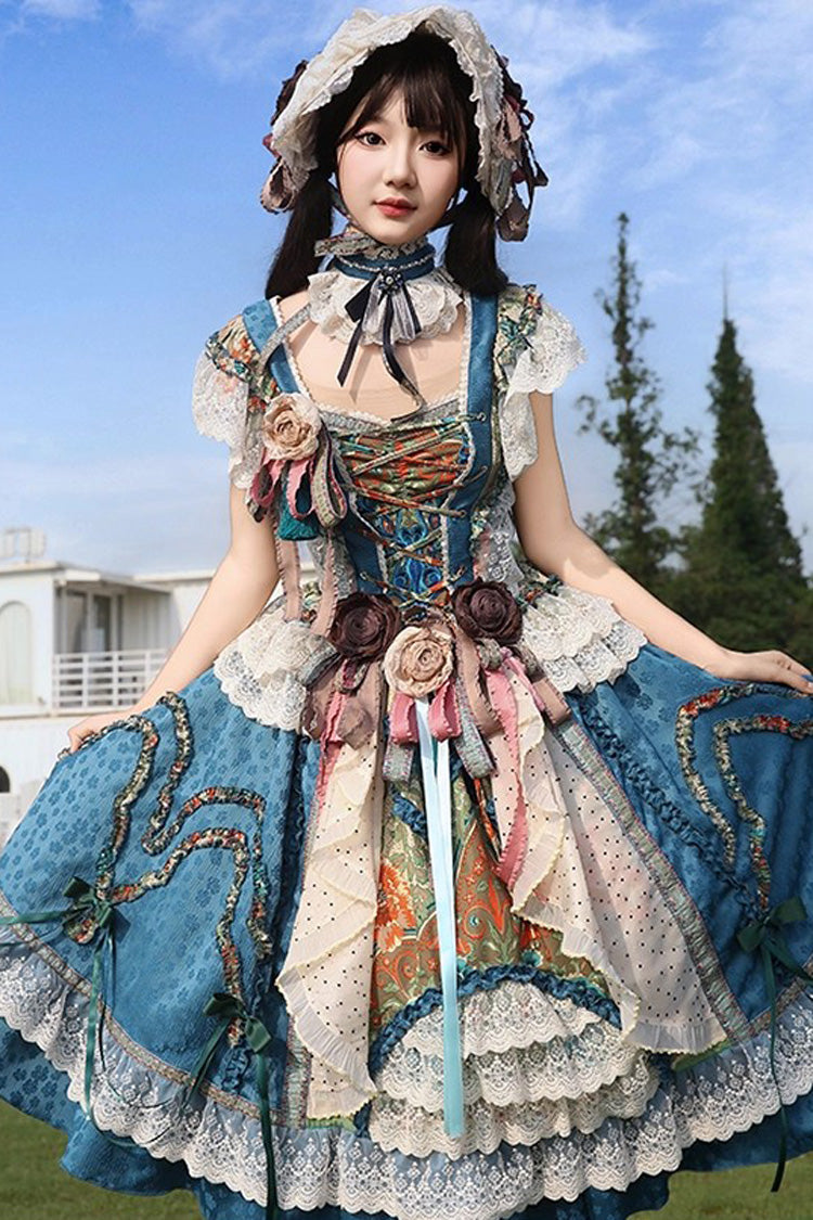 Sleeveless High Waist Printed Ruffled Cardigan Bow Lace-Up Vintage Princess Lolita JSK