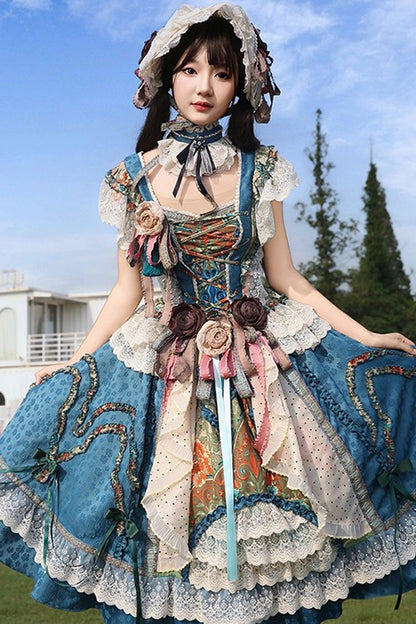 Sleeveless High Waist Printed Ruffled Cardigan Bow Lace-Up Vintage Princess Lolita JSK