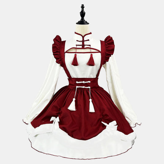 Robe de soubrette lolita rouge à pompons et boucle