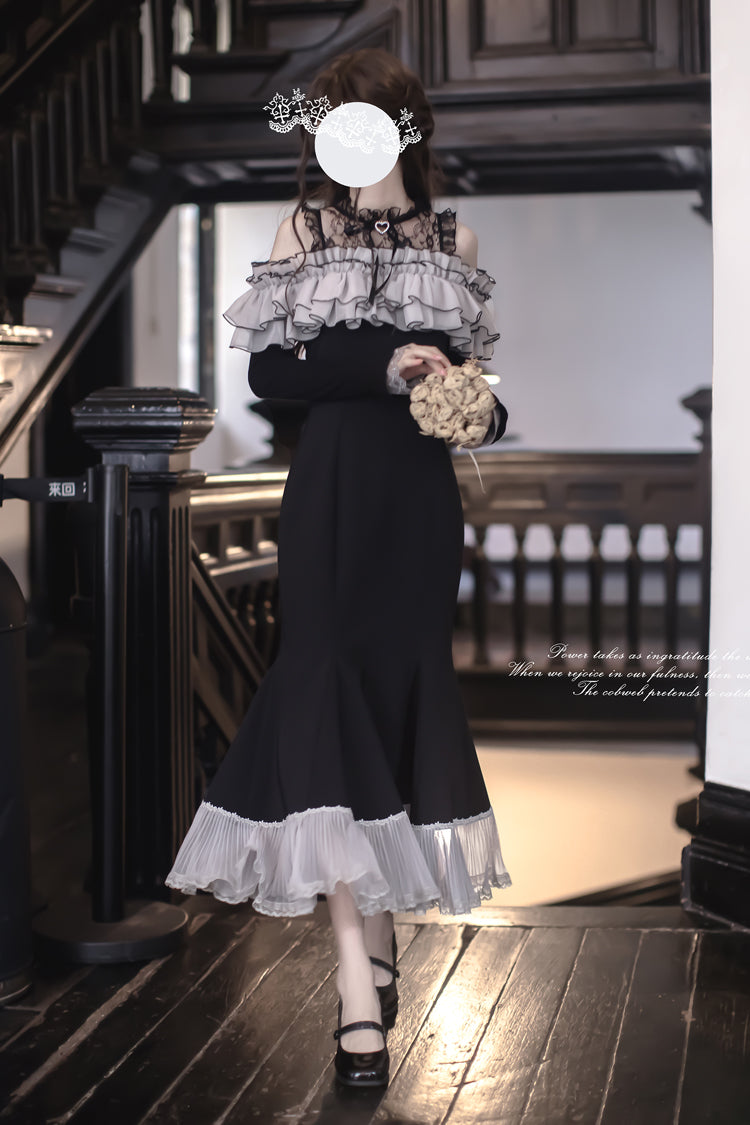 Ruffled Bowknot Fishtail Sweet Elegant Long-Sleeve Dress