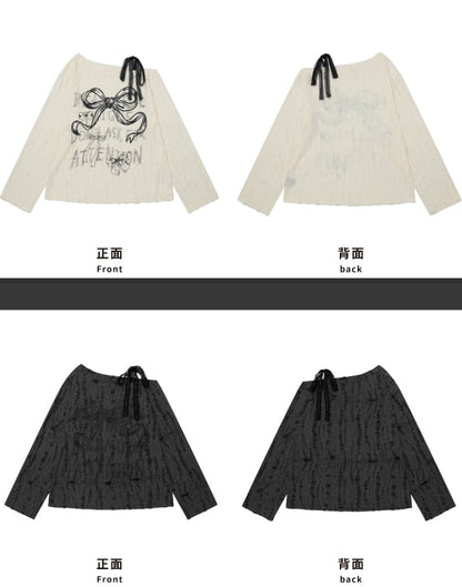 Grey Milk White Bowkonts Print Asymmetrical Neckline Top